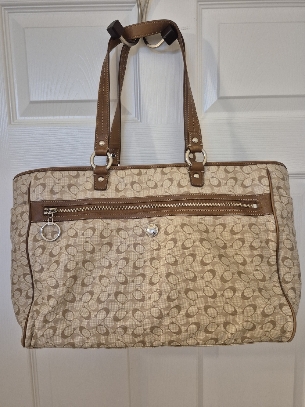 Coach Beige Signature Canvas Mulifunction Tote with Tan Leather Trim